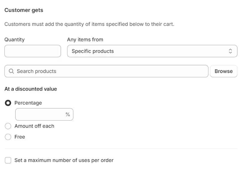 Choose the discount type for Buy X get Y on Shopify