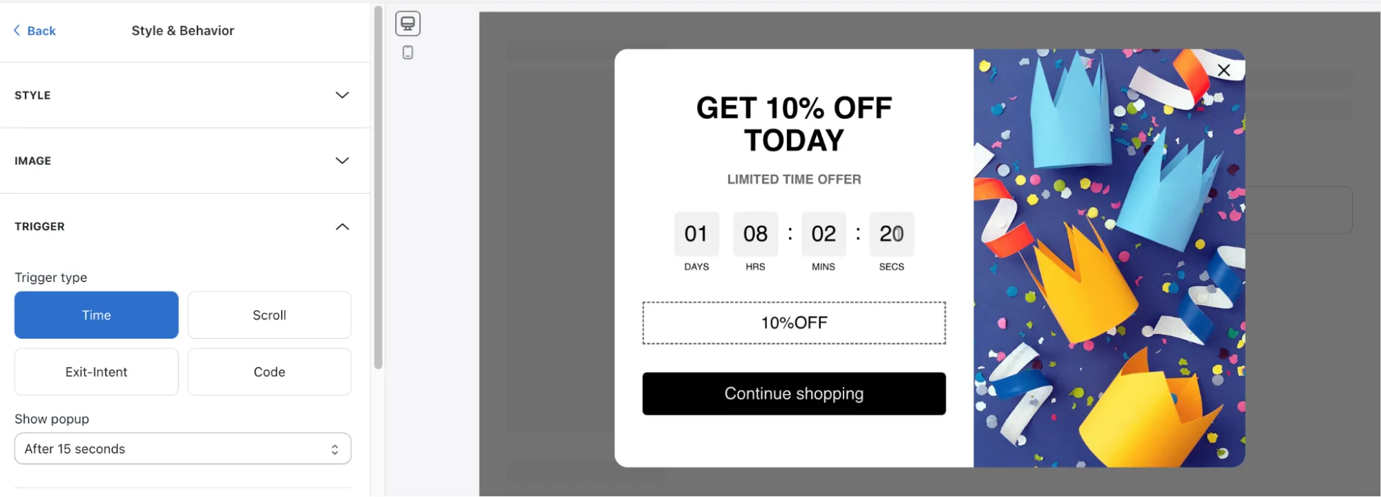 Customize discount pop-up settings