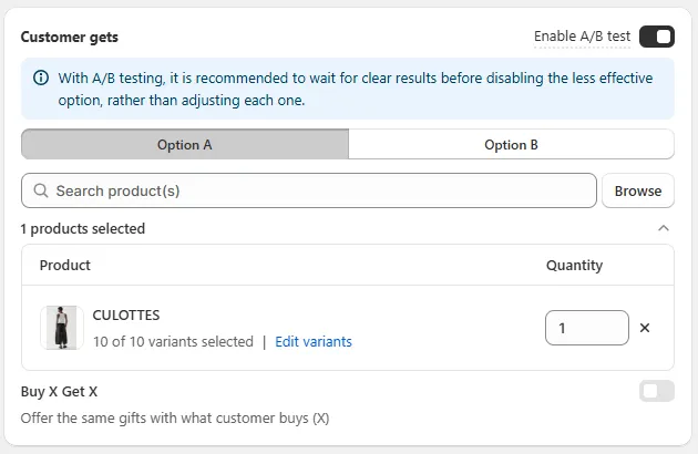 Define one item that receives a discount in the Customer gets on aov-ai