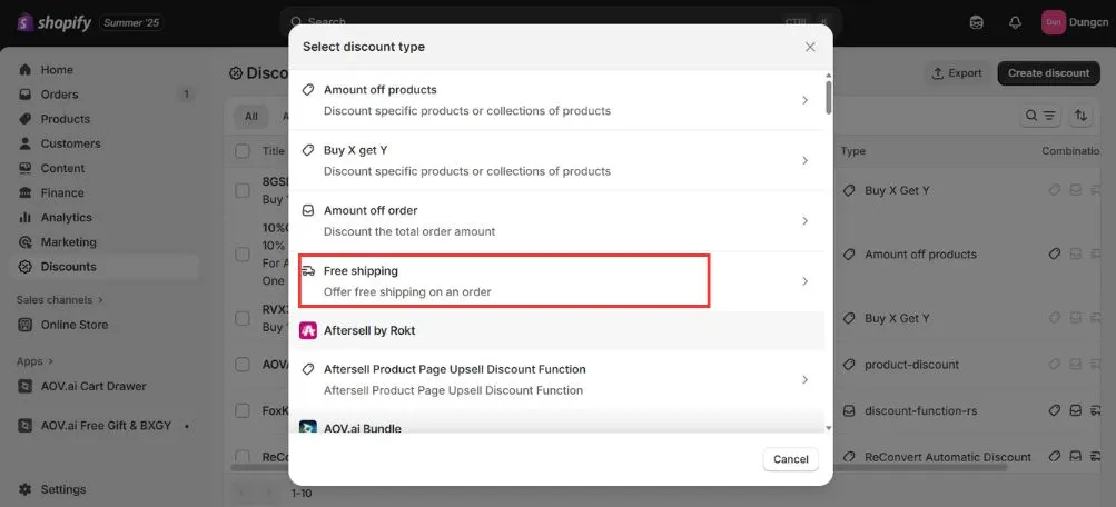 Free shipping discount on Shopify