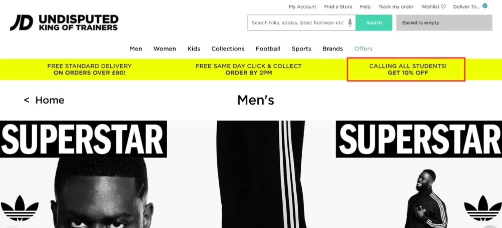 JD Sports highlights discounts early with automatic discount called “Calling all students, get 10% off” on its hero banner.