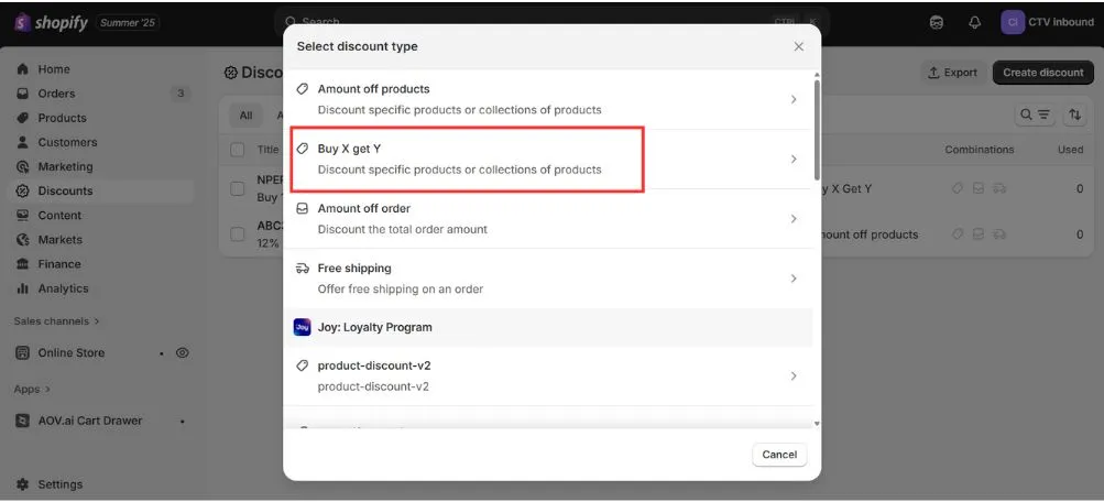 In the Create discount bar, choose Buy X Get Y for BXGY offers on Shopify