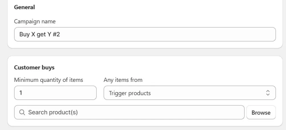In the Customer buys section, set the Minimum quantity for Buy X get Y on Shopify