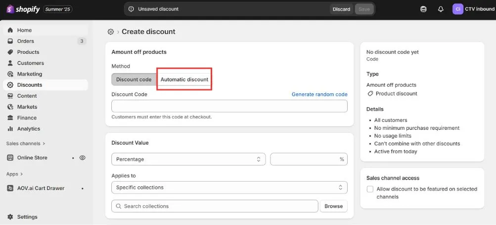 Select Automatic discount for a product discount on Shopify