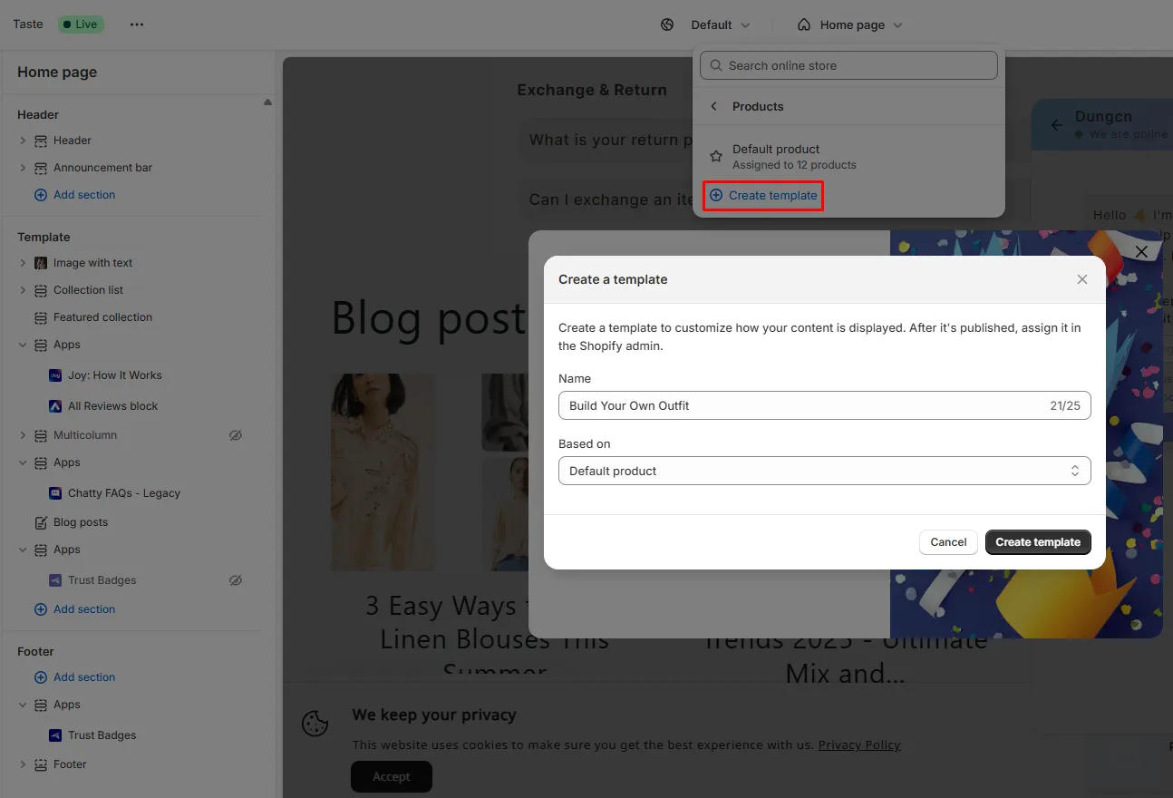 Select Product in the Default dropdown menu on the top screen to create template
