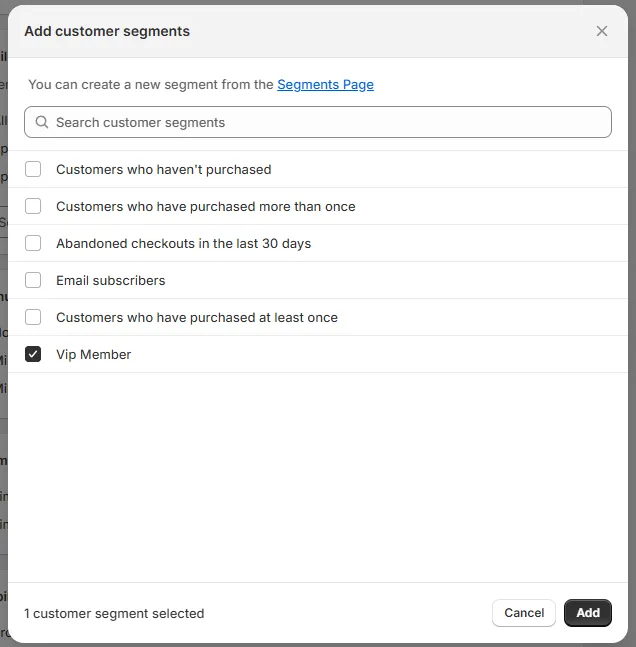 Select Specific customers and choose customers with your membership tags on Shopify's native tool