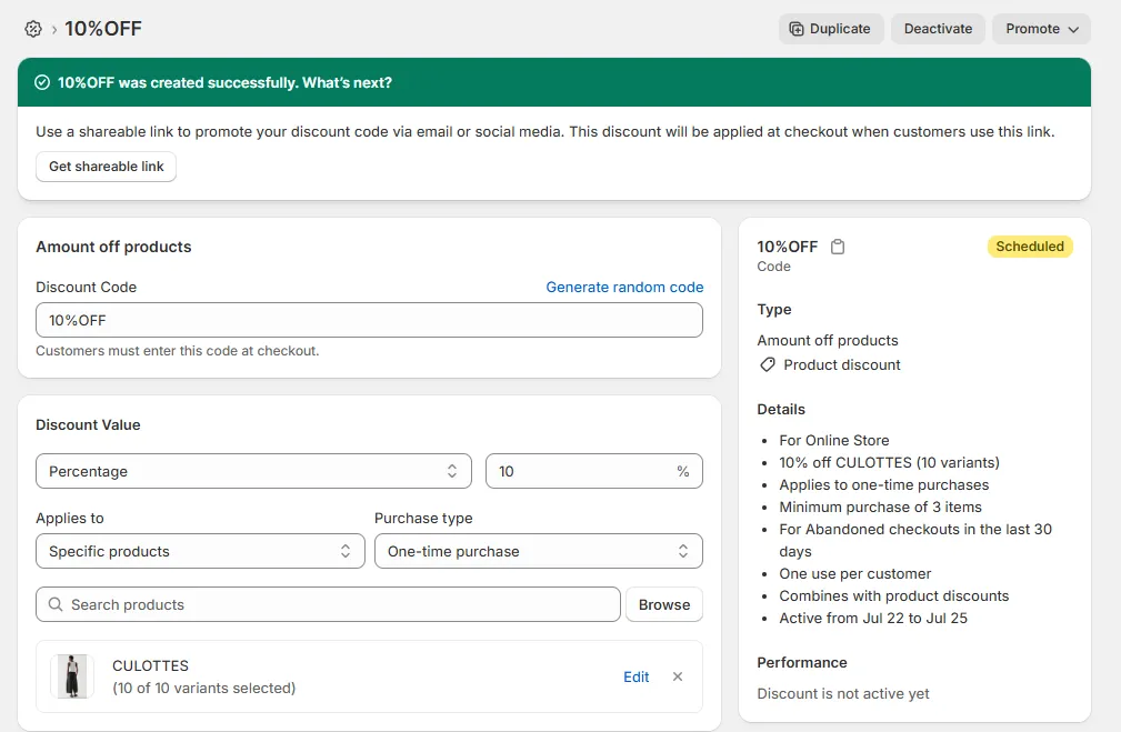 Select one of your activated discount codes with Shopify’s built-in tool