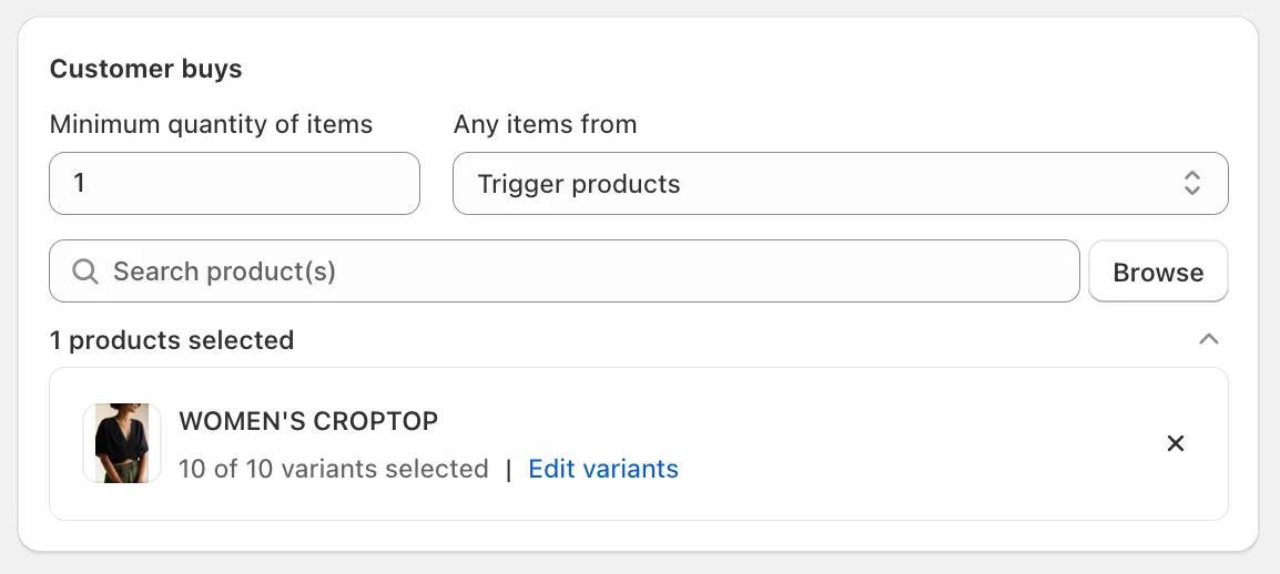 Set the purchase condition in the customer buys