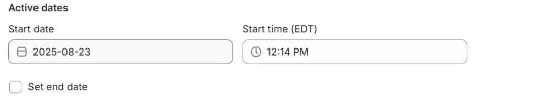 Set the start and end date, then save for a product discount on Shopify