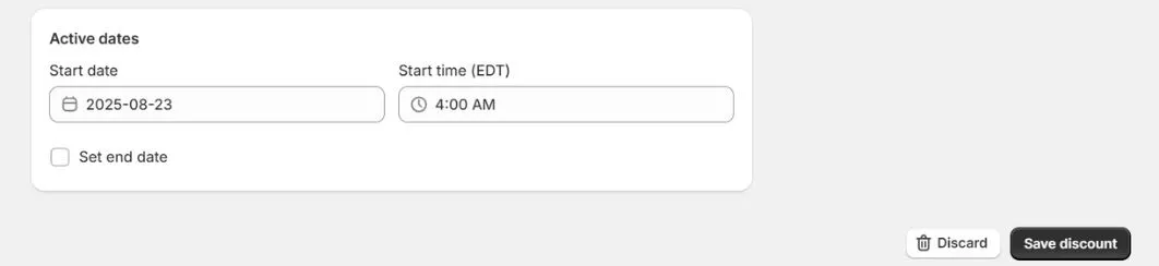 Set the start date and time, and optionally an end date for automatic free shipping discount on Shopify