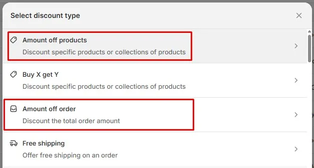 Use the Amount off products promotion to create discount codes with Shopify’s built-in tool