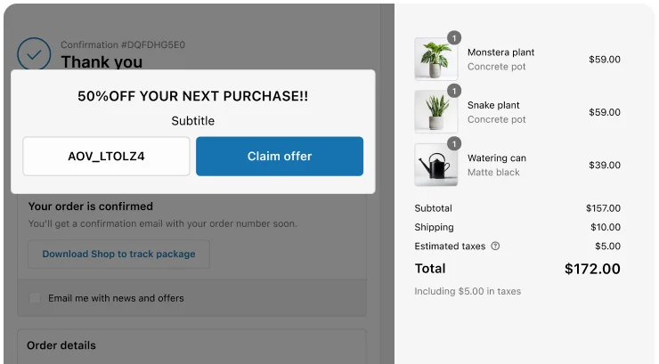 Thank you page upsell showing product offers and coupon options after order confirmation