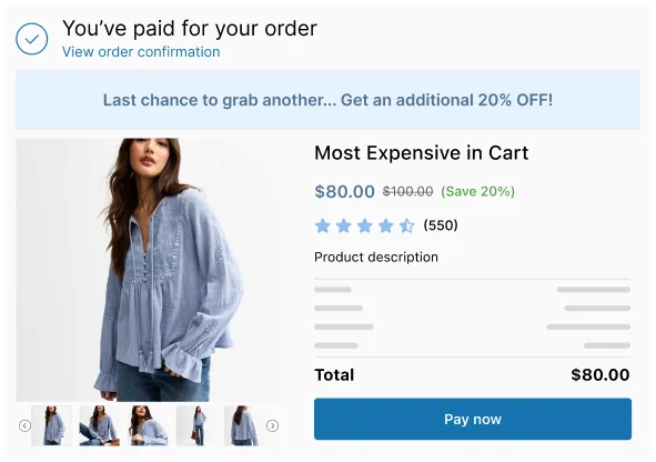 Post-purchase upsell interface showing one-click offer after checkout