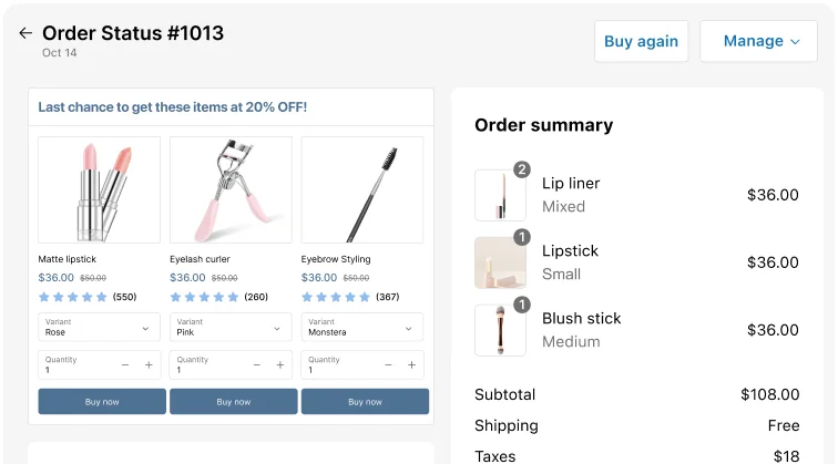 Order status page with upsell product and collection offers displayed
