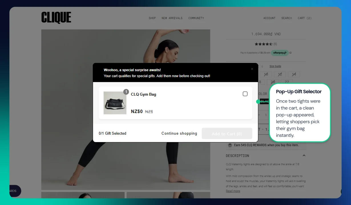 Clique pop-up gift selector and Deal of the Day widget in action