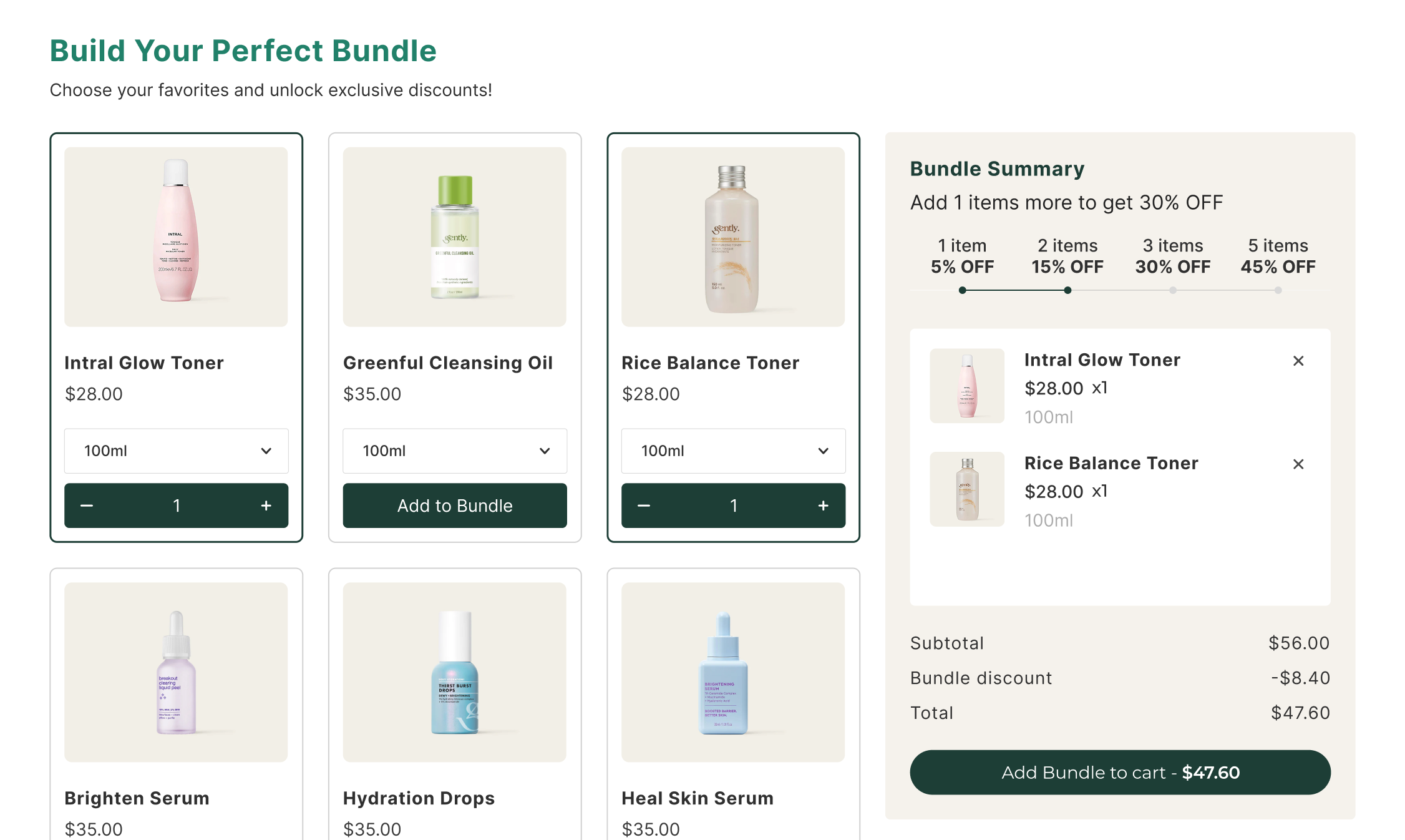 Build Your Perfect Bundle dedicated page with bundle summary sidebar