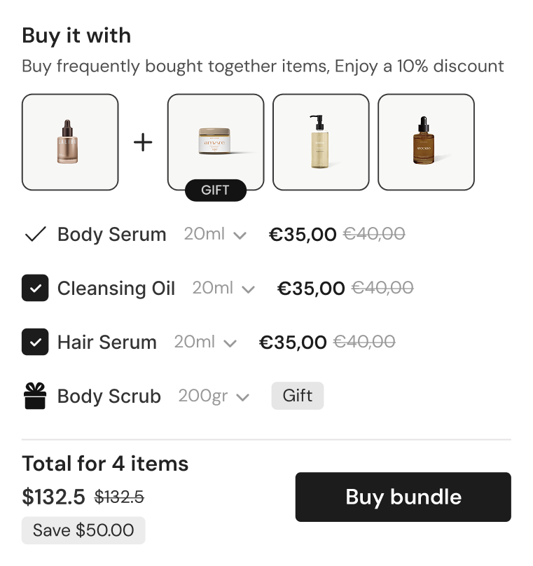 Buy it with stacked bundle layout showing 4 product cards in a row