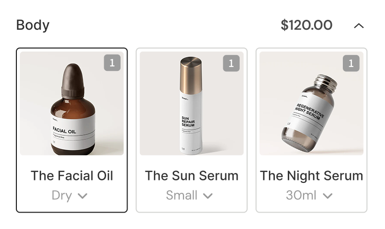 Body category card with three skincare products to pick from