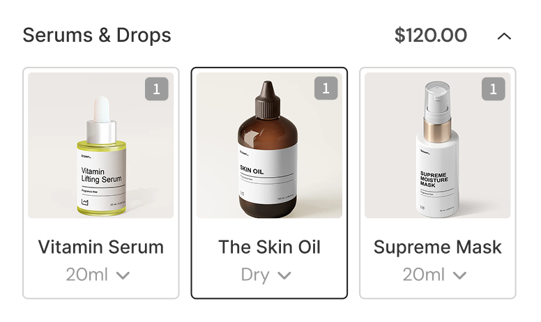 Serums and Drops category card with selected Skin Oil