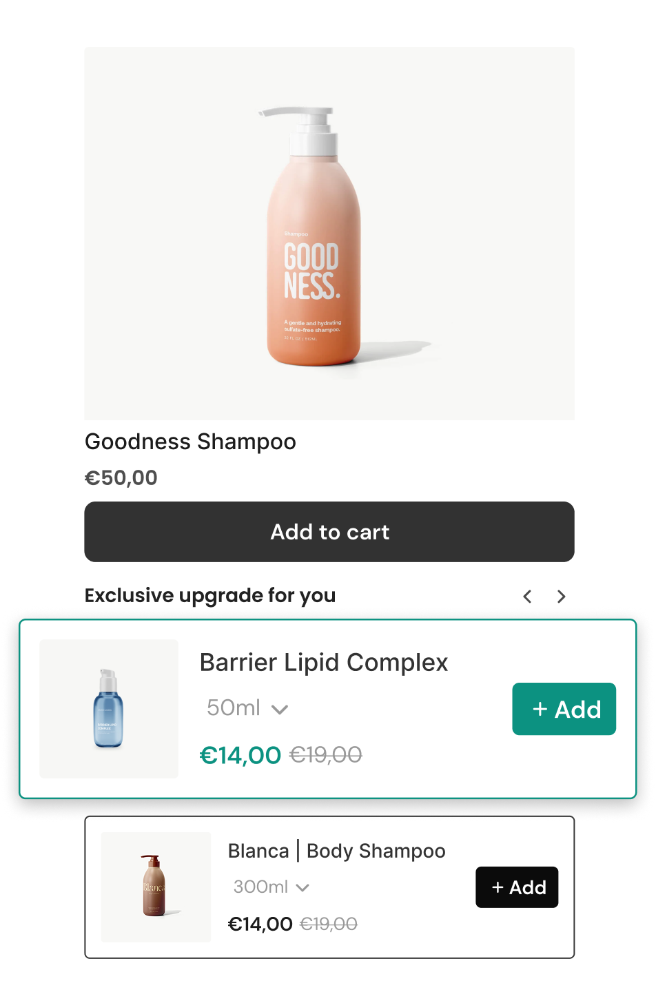 Product page with Exclusive upgrade for you widget and recommended products