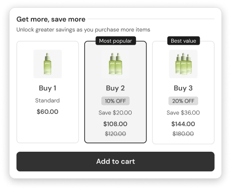 Volume discount grid layout with Buy 1, Buy 2, Buy 3 cards