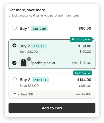Volume discount list layout with Most popular and Best Value badges and free gift